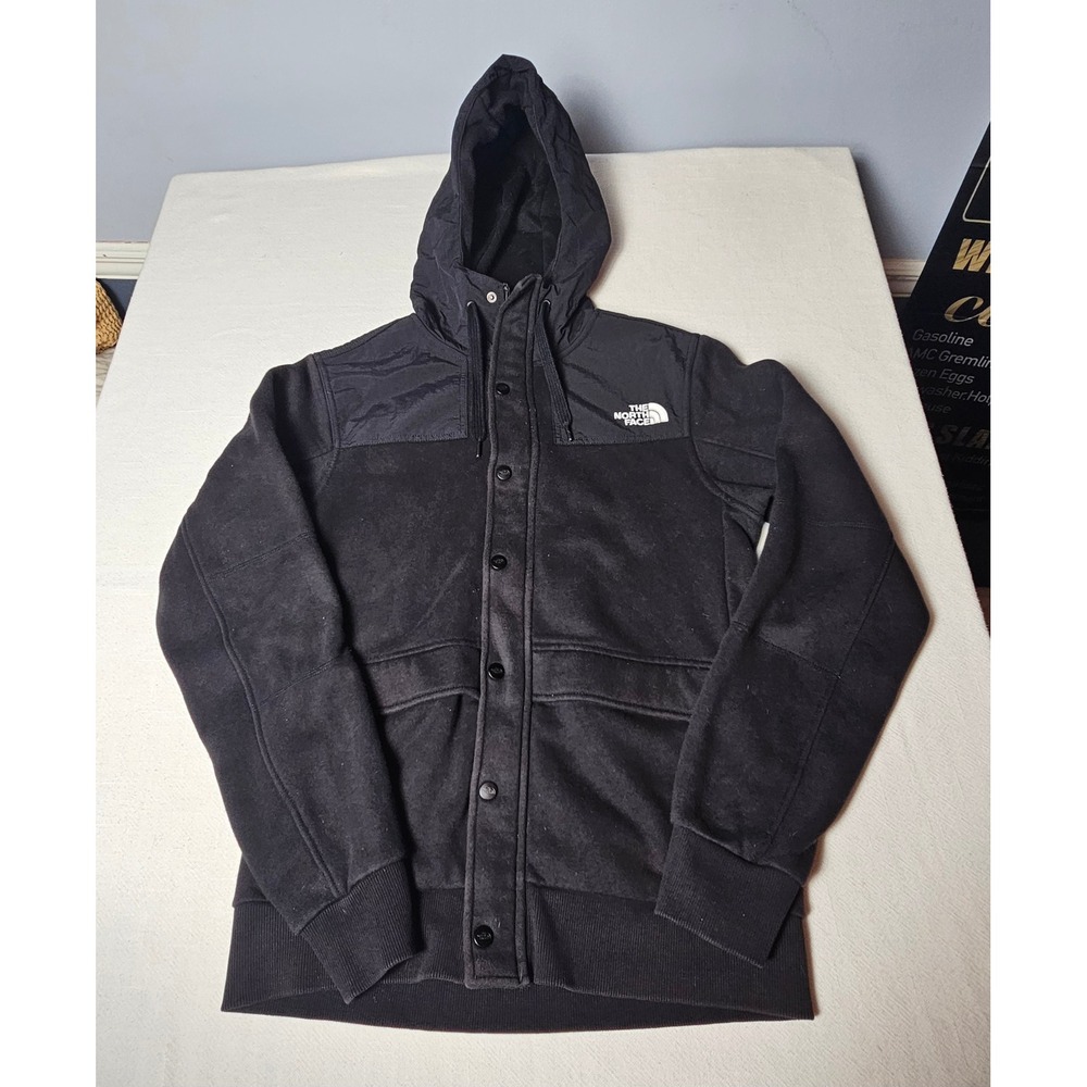 The North Face Mens Black Hybrid Button Front Fleece Hoodie Jacket Small